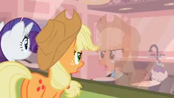 Size: 1280x720 | Tagged: safe, derpibooru import, screencap, applejack, rarity, shining star, earth pony, pony, unicorn, baby cakes, g4, applebutt, baby, baby pony, butt, image, plot, png, rear view, reflection, smiling, treasure (g4), window