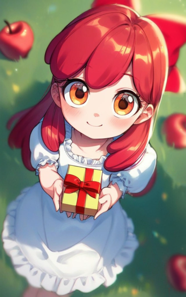 Size: 640x1024 | Tagged: safe, ai content, derpibooru import, editor:sammykun, machine learning generated, stable diffusion, apple bloom, human, g4, adorabloom, apple, apple bloom's bow, big eyes, blurry background, bow, child, clothes, cute, dress, female, food, generator:pony diffusion v6 xl, generator:purplesmart.ai, gift giving, grass, hair bow, holiday, humanized, image, looking at you, looking up, looking up at you, moe, offscreen character, png, pov, present, prompter:sammykun, smiling, smiling at you, solo, valentine, valentine's day, white dress