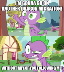 Size: 500x563 | Tagged: safe, derpibooru import, edit, edited screencap, screencap, spike, dragon, dragon quest, g4, just for sidekicks, angry, caption, fence, fist, golden oaks library, image, image macro, imgflip, jpeg, library, pointing, ponyville, smiling, solo, text