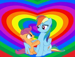 Size: 960x724 | Tagged: artist needed, safe, anonymous artist, artist:cloudy glow, derpibooru import, rainbow dash, scootaloo, pegasus, pony, g4, adopted, adopted offspring, cute, cutealoo, daaaaaaaaaaaw, dashabetes, duo, female, filly, foal, headcanon, headcanon in the description, heart, heart background, hug, image, mare, open mouth, open smile, png, rainbow background, scootadoption, scootalove, siblings, sisters, smiling, song in the description, wholesome, winghug, wings