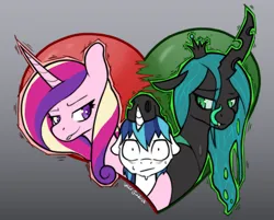 Size: 2480x1996 | Tagged: safe, artist:wild-thunder06, derpibooru import, princess cadance, queen chrysalis, shining armor, alicorn, changeling, changeling queen, pony, unicorn, g4, bisexual, death by snu snu, female, gradient background, height difference, holiday, image, male, png, polyamory, ship:chrysarmordance, shipping, straight, valentine, valentine's day