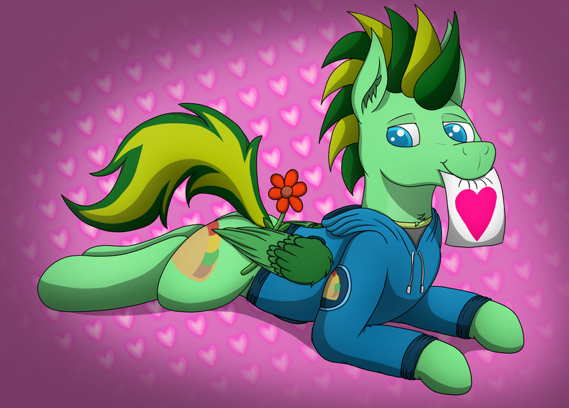 Size: 5418x3883 | Tagged: safe, artist:tacomytaco, derpibooru import, oc, oc:taco.m.tacoson, unofficial characters only, pony, clothes, gradient background, heart, hearts and hooves day, holiday, hoodie, image, looking at you, male, mouth hold, png, sign, solo, stallion, valentine's day, wing hold, wings