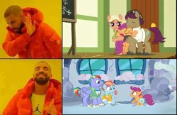 Size: 670x435 | Tagged: artist needed, safe, anonymous artist, derpibooru import, edit, edited screencap, screencap, bow hothoof, mane allgood, scootaloo, snap shutter, windy whistles, pegasus, pony, g4, parental glideance, the last crusade, clothes, cute, cutealoo, female, filly, foal, hat, hotline bling, hug, image, jacket, looking at each other, looking at someone, male, mare, meme, png, scootalove, smiling, smiling at each other, stallion