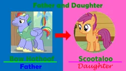 Size: 1600x900 | Tagged: artist needed, safe, anonymous artist, derpibooru import, bow hothoof, scootaloo, pony, g4, adopted, adopted offspring, caption, duo, father and child, father and daughter, female, filly, foal, headcanon, headcanon in the description, image, image macro, male, meme, png, scootadoption, scootalove, stallion, text