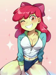 Size: 2880x3840 | Tagged: suggestive, ai content, derpibooru import, machine learning generated, stable diffusion, apple bloom, human, equestria girls, g4, blushing, bow, braless, breasts, busty apple bloom, cleavage, clothes, eyebrows, eyebrows visible through hair, female, generator:pony diffusion v6 xl, generator:purplesmart.ai, grin, hair bow, image, jpeg, looking at you, older, older apple bloom, one eye closed, prompter:lerkyboy, smiling, smiling at you, solo, solo female, sports outfit, sports panties, spread legs, spreading, stupid sexy apple bloom, thighs, thunder thighs, wink, winking at you