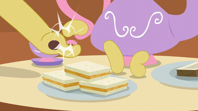 Size: 1280x720 | Tagged: safe, derpibooru import, screencap, discord, draconequus, discordant harmony, g4, cup, fluttershy's cottage (interior), food, hand, image, male, offscreen character, plate, png, sandwich, solo, teacup, teapot