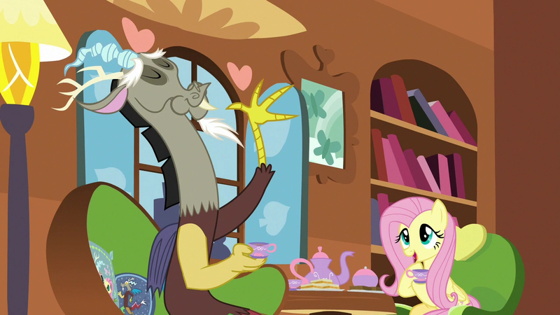 Size: 1280x720 | Tagged: safe, derpibooru import, screencap, discord, fluttershy, draconequus, pegasus, pony, discordant harmony, g4, cup, duo, duo male and female, female, fluttershy's cottage (interior), food, image, male, png, sandwich, tea party, teacup, teapot