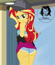 Size: 1733x2048 | Tagged: dead source, suggestive, artist:kelpie, derpibooru import, sunset shimmer, equestria girls, g4, ass, baseball cap, bedroom eyes, bra, breasts, bunset shimmer, butt, cap, clothes, female, flanksy, hat, image, jpeg, looking at you, looking back, looking back at you, panties, solo, solo female, underwear, undressing, watermark