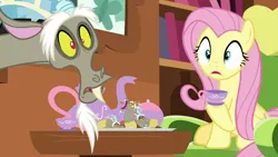 Size: 1280x720 | Tagged: safe, derpibooru import, screencap, discord, fluttershy, draconequus, discordant harmony, g4, burp, cup, duo, duo male and female, female, fluttershy's cottage (interior), image, male, png, shocked, shocked expression, shocked eyes, surprised, surprised face, teacup, teapot