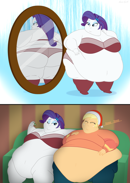 Size: 2000x2800 | Tagged: suggestive, artist:neongothic, derpibooru import, applejack, rarity, human, equestria girls, g4, amplejack, applefat, bbw, belly, belly button, big belly, big breasts, bloated, boots, bra, breasts, busty applejack, busty rarity, christmas, chubby cheeks, clothes, couch, double chin, fat, fat fetish, female, fetish, freckles, hat, holiday, image, lesbian, mirror, mistletoe, morbidly obese, obese, one eye closed, panties, pants, png, rarijack, raritubby, santa hat, shipping, shoes, ssbbw, underwear, weight gain