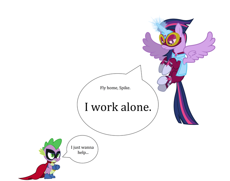 Size: 5044x3960 | Tagged: safe, anonymous artist, derpibooru import, spike, twilight sparkle, twilight sparkle (alicorn), alicorn, dragon, pony, g4, absurd resolution, duo, duo male and female, female, flying, frown, image, male, masked matter-horn costume, old art, png, power ponies, rejection, simple background, speech bubble, spread wings, the incredibles, vector, white background, wings