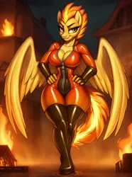 Size: 1520x2048 | Tagged: suggestive, ai content, derpibooru import, machine learning generated, stable diffusion, spitfire, anthro, pegasus, g4, bodysuit, breasts, busty spitfire, catsuit, cleavage, clothes, derpibooru exclusive, female, fire, generator:easyfluff v11.2, image, latex, latex suit, png, prompter:inky heart, pyro (tf2), rubber, socks, solo, solo female, spitfire pyro, stockings, team fortress 2, thick, thigh highs, thighs, thunder thighs, wide hips