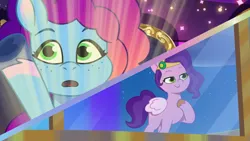 Size: 3072x1727 | Tagged: safe, derpibooru import, screencap, pipp petals, pegasus, pony, unicorn, g5, my little pony: tell your tale, spoiler:g5, spoiler:my little pony: tell your tale, spoiler:tyts02e05, adorapipp, crystal brighthouse, cute, duo, duo female, female, image, jpeg, mare, misty brightdawn, misty-rious new room, mistybetes, open mouth, rebirth misty, smiling