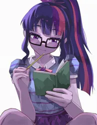 Size: 1593x2048 | Tagged: safe, artist:gunim8ed, derpibooru import, sci-twi, twilight sparkle, human, equestria girls, g4, female, frown, glasses, image, jpeg, looking at something, notebook, pencil, ponytail, simple background, solo, white background