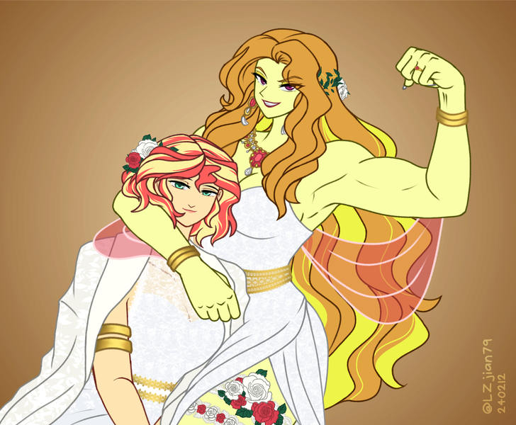 Size: 1560x1286 | Tagged: safe, artist:lzjian79, derpibooru import, adagio dazzle, sunset shimmer, human, equestria girls, g4, acardio dazzle, armpits, biceps, breasts, busty adagio dazzle, clothes, dress, duo, ear piercing, earring, eyeshadow, female, flexing, floral head wreath, flower, garter, garters, gunshow, happy, human sunset, image, jewelry, lesbian, makeup, marriage, married couple, muscles, muscular female, nail polish, piercing, png, ring, rose, ship:sunlagio, ship:sunsagio, shipping, smiling, sunlit shimmer, sunsagio, veil, wedding dress, wedding ring, wedding veil