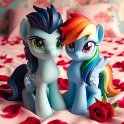 Size: 1024x1024 | Tagged: safe, ai content, derpibooru import, machine learning generated, prompter:*rainbow dash*, rainbow dash, soarin', pegasus, pony, g4, 3d, bed, bedroom, duo, female, flower, generator:bing image creator, generator:dall-e 3, hearts and hooves day, image, male, pillow, png, rose, shipping, soarindash, straight