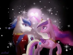 Size: 2000x1500 | Tagged: safe, artist:p0intbreak, derpibooru import, princess cadance, shining armor, alicorn, pony, unicorn, a canterlot wedding, g4, concave belly, duo, duo male and female, female, heart, image, love magic, magic, male, mare, png, power of love, ship:shiningcadance, shipping, slender, stallion, straight, thin