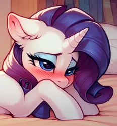 Size: 1118x1204 | Tagged: safe, ai content, derpibooru import, machine learning generated, stable diffusion, rarity, pony, unicorn, g4, bed, blushing, blushing profusely, book, bookshelf, covering mouth, cropped, cropped porn, cute, ear blush, ear fluff, embarrassed, female, floppy ears, generator:pony diffusion v6 xl, image, indoors, laying on bed, lidded eyes, lying down, mare, on bed, pillow, png, prompter:tyto4tme4l, prone, solo