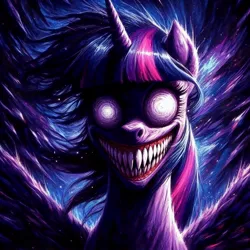 Size: 1024x1024 | Tagged: semi-grimdark, ai content, derpibooru import, machine learning generated, prompter:enterusxrname, twilight sparkle, twilight sparkle (alicorn), alicorn, pony, g4, faic, generator:bing image creator, generator:dall-e 3, image, insanity, jpeg, metal as fuck, nightmare fuel, now you fucked up, sharp teeth, solo, teeth, twilight snapple, xk-class end-of-the-world scenario