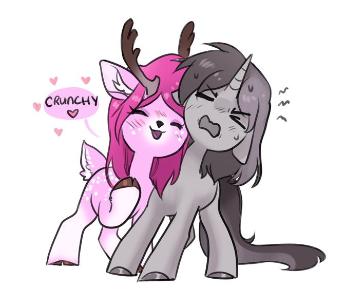 Size: 2847x2542 | Tagged: safe, artist:opalacorn, derpibooru import, oc, oc:rainbow crash, unofficial characters only, deer, pony, unicorn, adorable distress, commission, cute, doe, duo, duo female, eyes closed, female, floating heart, floppy ears, heart, image, jpeg, lesbian, mare, nuzzling, oc x oc, open mouth, open smile, shipping, simple background, smiling, varying degrees of want, white background, ych result