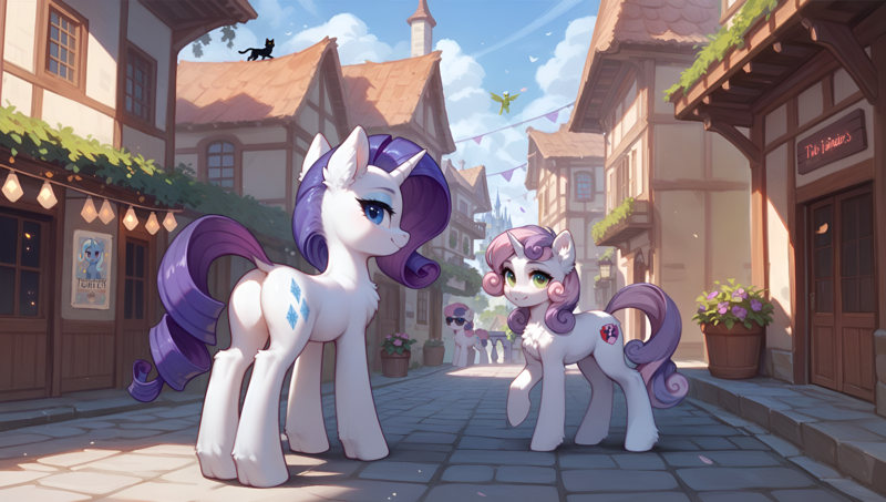 Size: 3840x2176 | Tagged: safe, ai content, derpibooru import, generator:tponynai3, machine learning assisted, machine learning generated, prompter:truekry, stable diffusion, bon bon, rarity, sweetie belle, sweetie drops, cat, earth pony, pegasus, pony, unicorn, g4, alternate hairstyle, background pony, butt, canterlot, castle, city, cloud, flower pot, horn, house, image, looking at you, looking back, older, older sweetie belle, png, rearity, sky, street, wallpaper