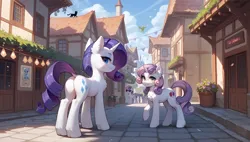 Size: 3840x2176 | Tagged: safe, ai content, derpibooru import, generator:tponynai3, machine learning assisted, machine learning generated, prompter:truekry, stable diffusion, bon bon, rarity, sweetie belle, sweetie drops, cat, earth pony, pegasus, pony, unicorn, g4, alternate hairstyle, background pony, butt, canterlot, castle, city, cloud, flower pot, horn, house, image, looking at you, looking back, older, older sweetie belle, png, rearity, sky, street, wallpaper