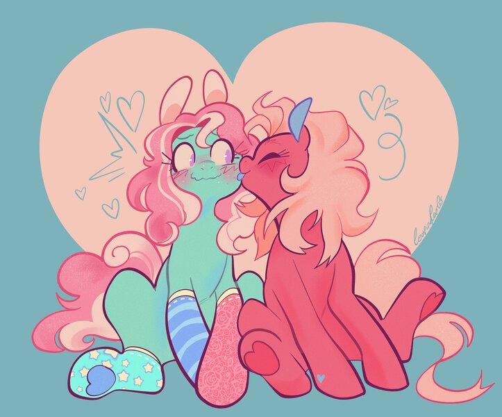 Size: 3479x2889 | Tagged: safe, artist:couriercats, derpibooru import, minty, pinkie pie (g3), earth pony, pony, g3, blue background, blue tongue, blushing, clothes, colored pinnae, colored tongue, curly mane, curly tail, duo, duo female, eye clipping through hair, eyebrows, eyebrows visible through hair, eyes closed, female, flustered, freckles, green coat, heart, heart background, heart mark, hoof heart, image, jpeg, kiss on the cheek, kissing, lesbian, mare, mismatched socks, pink coat, pink mane, pink tail, purple eyes, ship:mintypie, shipping, signature, simple background, sitting, socks, striped socks, tail, tongue out, two toned mane, underhoof, wavy mouth