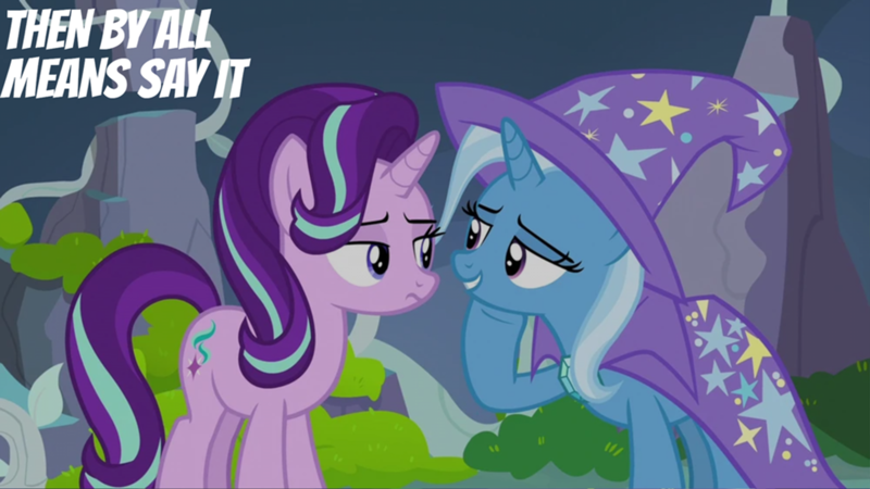 Size: 2000x1125 | Tagged: safe, derpibooru import, edit, edited screencap, editor:quoterific, screencap, starlight glimmer, trixie, pony, unicorn, g4, to change a changeling, cape, clothes, duo, duo female, female, hat, image, mare, png, trixie's cape, trixie's hat