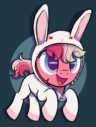 Size: 2334x3075 | Tagged: safe, artist:catachromatic, derpibooru import, earth pony, pony, g2, g4, abstract background, animal costume, bunny costume, circle background, clothes, costume, eye clipping through hair, female, g2 to g4, generation leap, honey (g2), hood, image, mare, onesie, open mouth, open smile, png, smiling, solo, zipper