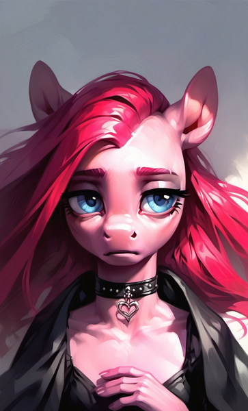 Size: 766x1266 | Tagged: safe, ai content, derpibooru import, machine learning generated, prompter:kopaleo, stable diffusion, pinkie pie, anthro, earth pony, g4, bust, choker, female, generator:pony diffusion v6 xl, image, pinkamena diane pie, png, portrait, solo