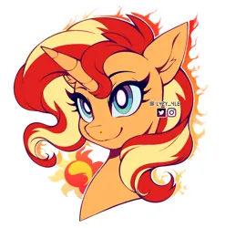 Size: 2080x2105 | Tagged: safe, alternate version, artist:l4zy_4le, derpibooru import, sunset shimmer, pony, unicorn, g4, bust, colored, female, fiery shimmer, fire, flat colors, high res, horn, image, jpeg, looking up, mare, signature, simple background, smiling, solo, sunshine shimmer, white background