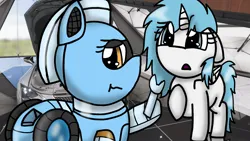 Size: 1920x1080 | Tagged: safe, artist:foxfer64_yt, derpibooru import, oc, oc:nara (fl), oc:silverstream (robot pony), unofficial characters only, original species, pony, robot, robot pony, car, confused, floppy ears, garage, help, image, jpeg, wrench