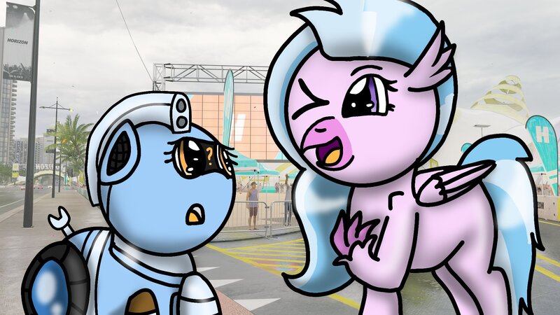 Size: 1920x1080 | Tagged: safe, artist:foxfer64_yt, derpibooru import, silverstream, oc, oc:silverstream (robot pony), unofficial characters only, hippogriff, original species, pony, robot, robot pony, asking, city, image, jpeg, looking at each other, looking at someone, looking up, namesake, one eye closed, pun, question mark, visual pun, wink