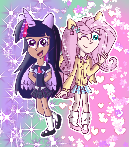 Size: 768x874 | Tagged: safe, artist:hataridoomswqn1999, derpibooru import, fluttershy, twilight sparkle, human, g4, alicorn humanization, bowtie, cardigan, clothes, cute, duo, duo female, eared humanization, eyeshadow, female, horn, horned humanization, humanized, image, leg warmers, makeup, mary janes, one eye closed, open mouth, png, shirt, shoes, shyabetes, skirt, socks, stockings, sweater vest, thigh highs, twiabetes, vest, winged humanization, wings, wink