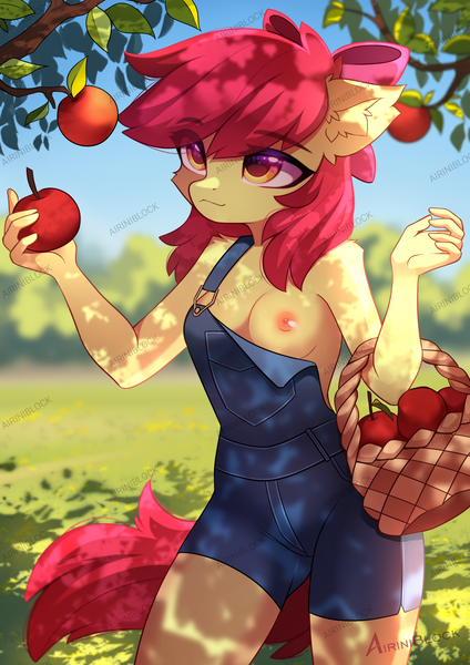 Size: 2480x3508 | Tagged: questionable, artist:airiniblock, derpibooru import, apple bloom, anthro, earth pony, g4, apple, apple tree, basket, braless, breasts, clothes, ear fluff, eye clipping through hair, female, food, image, naked overalls, nipples, no underwear, nudity, one breast out, overalls, png, reasonably sized breasts, solo, solo female, tree, wardrobe malfunction, watermark