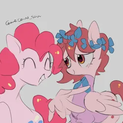 Size: 4096x4096 | Tagged: safe, artist:metaruscarlet, derpibooru import, pinkie pie, oc, oc:metaru scarlet, earth pony, pegasus, pony, blushing, clothes, flower, flower in hair, gray background, image, pegasus oc, png, simple background, smiling, wings