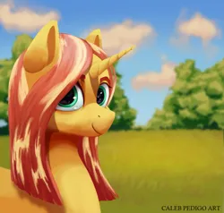 Size: 3615x3438 | Tagged: safe, artist:calebpedigo, derpibooru import, sunset shimmer, earth pony, pony, unicorn, g4, alternate hairstyle, bust, female, high res, horn, image, looking at you, mare, nature, png, scenery, signature, smiling, smiling at you, solo