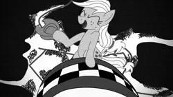 Size: 1280x720 | Tagged: safe, artist:dhm, derpibooru import, applejack, earth pony, pony, g4, applejack's hat, atomic bomb, black and white, bomb, cowboy hat, digital art, dr. strangelove, eyes closed, falling, film grain, grayscale, hat, image, jpeg, magnetic hooves, monochrome, movie reference, nuclear weapon, open mouth, open smile, riding, rodeo, smiling, solo, weapon