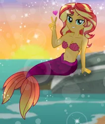 Size: 7458x8778 | Tagged: safe, artist:emeraldblast63, derpibooru import, sunset shimmer, mermaid, equestria girls, g4, bare shoulders, bra, breasts, cleavage, clothes, fish tail, image, mermaid tail, mermaidized, peace sign, png, seashell, seashell bra, sleeveless, species swap, strapless, stupid sexy sunset shimmer, tail, underwear