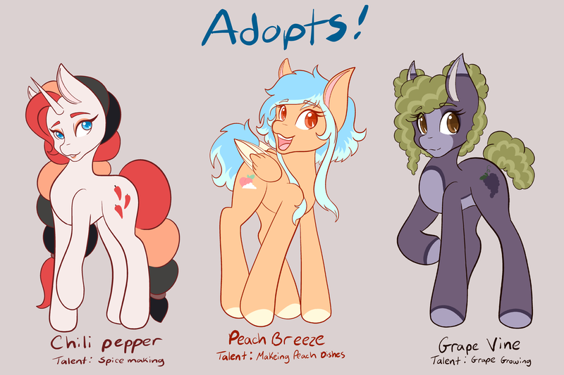 Size: 2048x1365 | Tagged: safe, artist:mscolorsplash, derpibooru import, oc, oc:chili pepper, oc:grape vine, oc:peach breeze, unofficial characters only, earth pony, pegasus, pony, unicorn, bald face, blaze (coat marking), coat markings, colored pupils, concave belly, earth pony oc, facial markings, female, gray background, horn, image, lidded eyes, long legs, mare, name, open mouth, open smile, pale belly, pegasus oc, png, simple background, smiling, text, trio, unicorn oc, wings