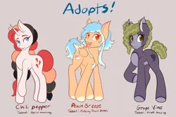 Size: 2048x1365 | Tagged: safe, artist:mscolorsplash, derpibooru import, oc, oc:chili pepper, oc:grape vine, oc:peach breeze, unofficial characters only, earth pony, pegasus, pony, unicorn, bald face, blaze (coat marking), coat markings, colored pupils, concave belly, earth pony oc, facial markings, female, gray background, horn, image, lidded eyes, long legs, mare, name, open mouth, open smile, pale belly, pegasus oc, png, simple background, smiling, text, trio, unicorn oc, wings