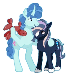 Size: 623x700 | Tagged: safe, derpibooru import, party favor, oc, earth pony, pony, unicorn, balloon, balloon animal, height difference, horn, image, no source available, png, simple background, transparent background