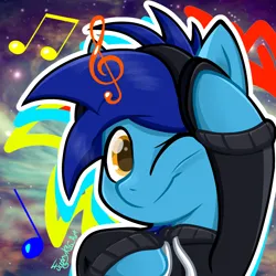 Size: 1280x1280 | Tagged: safe, artist:funnyk16, derpibooru import, oc, oc:apply, pegasus, abstract background, clothes, headphones, hoodie, image, looking at you, music notes, one eye closed, png, solo, wink, winking at you