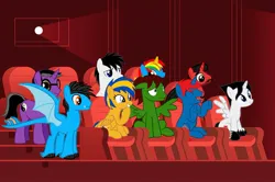 Size: 2048x1361 | Tagged: safe, artist:ry-bluepony1, derpibooru import, oc, oc:amethyst majesty, oc:dragun shot, oc:flare spark, oc:mickey motion, oc:shane park, oc:shield wing, oc:swiftgaia, oc:train track, unofficial characters only, pegasus, pony, unicorn, g4, cinema, female, horn, image, jpeg, male, mare, sitting, stallion