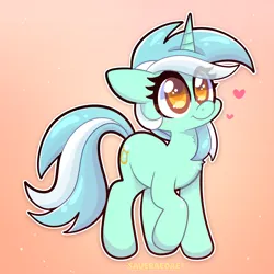 Size: 2000x2000 | Tagged: safe, artist:saveraedae, derpibooru import, lyra heartstrings, pony, unicorn, g4, blushing, cute, eye clipping through hair, female, gradient background, heart, high res, horn, image, looking up, lyrabetes, mare, png, raised hoof, smiling, solo