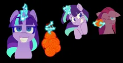 Size: 1337x684 | Tagged: safe, artist:partyponypower, derpibooru import, pinkie pie, starlight glimmer, earth pony, pony, unicorn, g4, alternate universe, black background, duo, evil starlight, food, horn, image, jpeg, magic, orange, pinkamena diane pie, s5 starlight, simple background, telekinesis