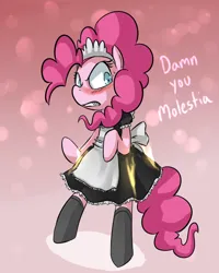 Size: 700x875 | Tagged: safe, artist:uc77, derpibooru import, pinkie pie, g4, bipedal, clothes, costume, french maid, gradient background, hotblooded pinkie pie, image, implied molestia, jpeg, maid, solo, standing