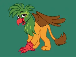 Size: 2048x1536 | Tagged: safe, artist:partyponypower, derpibooru import, oc, oc:kalimu, unofficial characters only, bird, gryphon, hybrid, parrot, parrot griffon, beak, green background, image, jpeg, male, paws, simple background, smiling, solo, talons