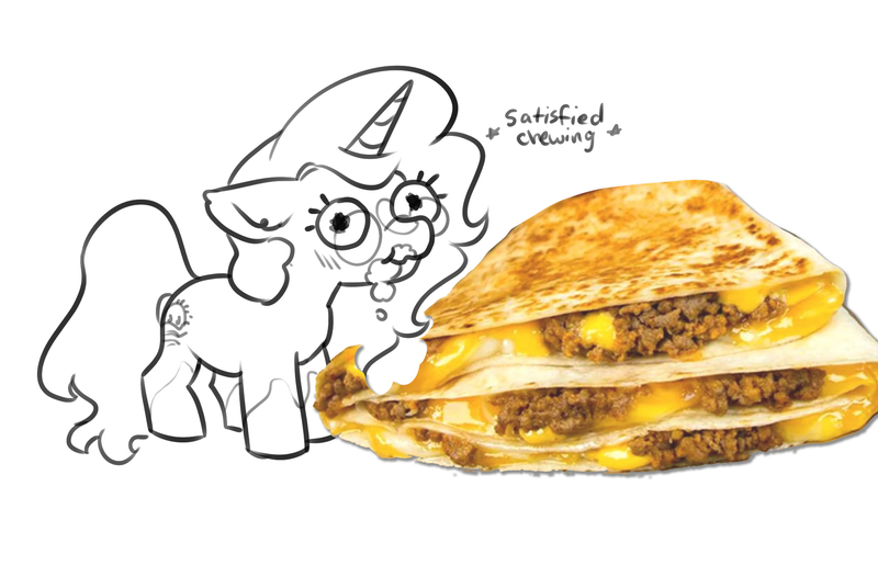 Size: 2056x1351 | Tagged: safe, artist:opalacorn, derpibooru import, oc, unofficial characters only, pony, unicorn, commission, descriptive noise, eating, female, food, giant food, glasses, horn, image, jpeg, mare, meat, ponies eating meat, quesadilla, round glasses, simple background, solo, taco bell, white background