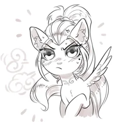 Size: 2700x2700 | Tagged: safe, artist:opalacorn, derpibooru import, oc, oc:void, unofficial characters only, pegasus, pony, ear fluff, emanata, female, frown, grayscale, image, jpeg, looking at you, mare, mole, monochrome, nose piercing, nose ring, piercing, simple background, solo, white background